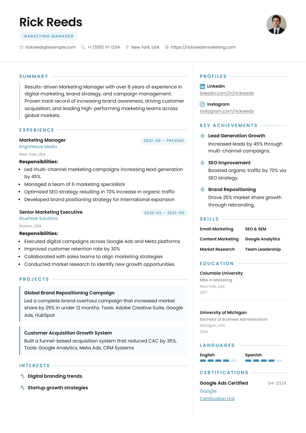 Minimal Executive Two Column ATS-friendly resume template for professional job applications