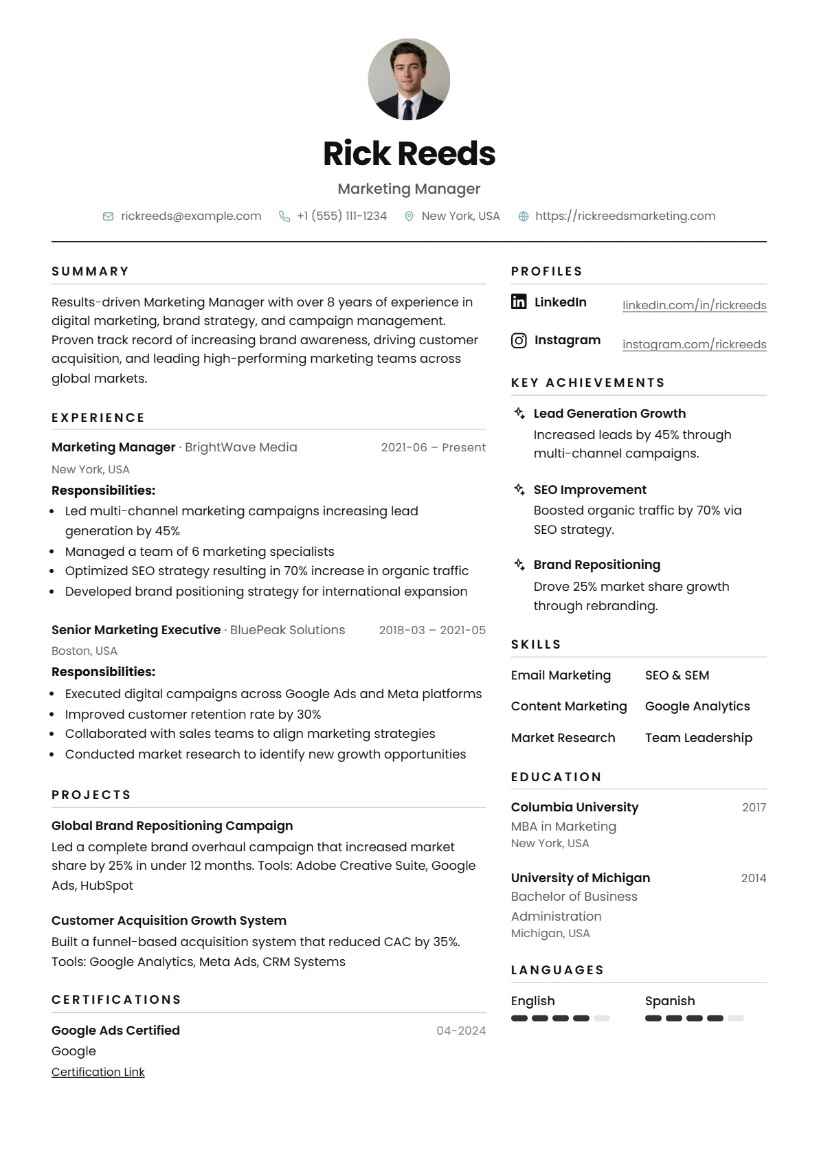 Minimal Two Column ATS-friendly resume template for professional job applications