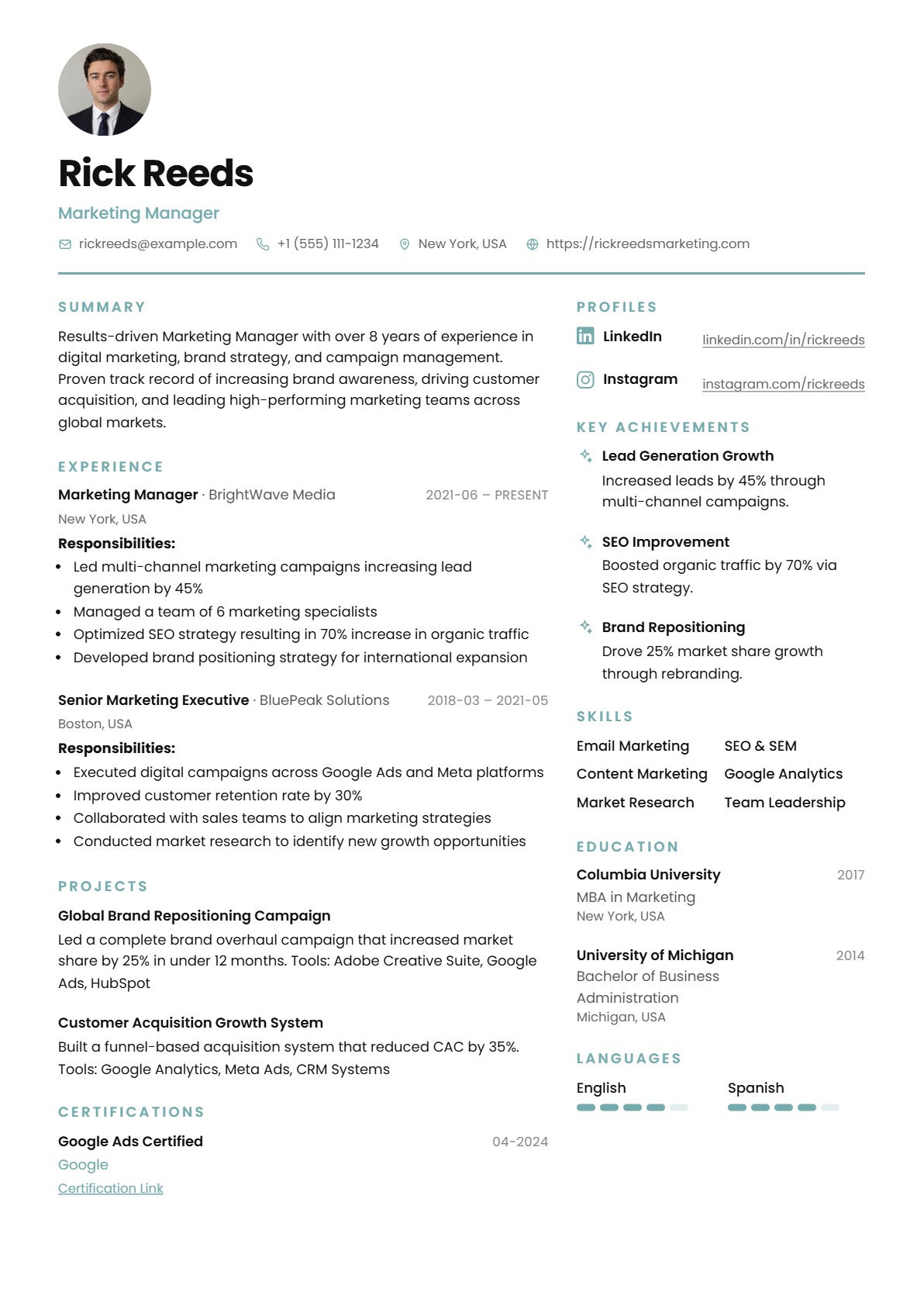 Modern Two Column ATS-friendly resume template for professional job applications