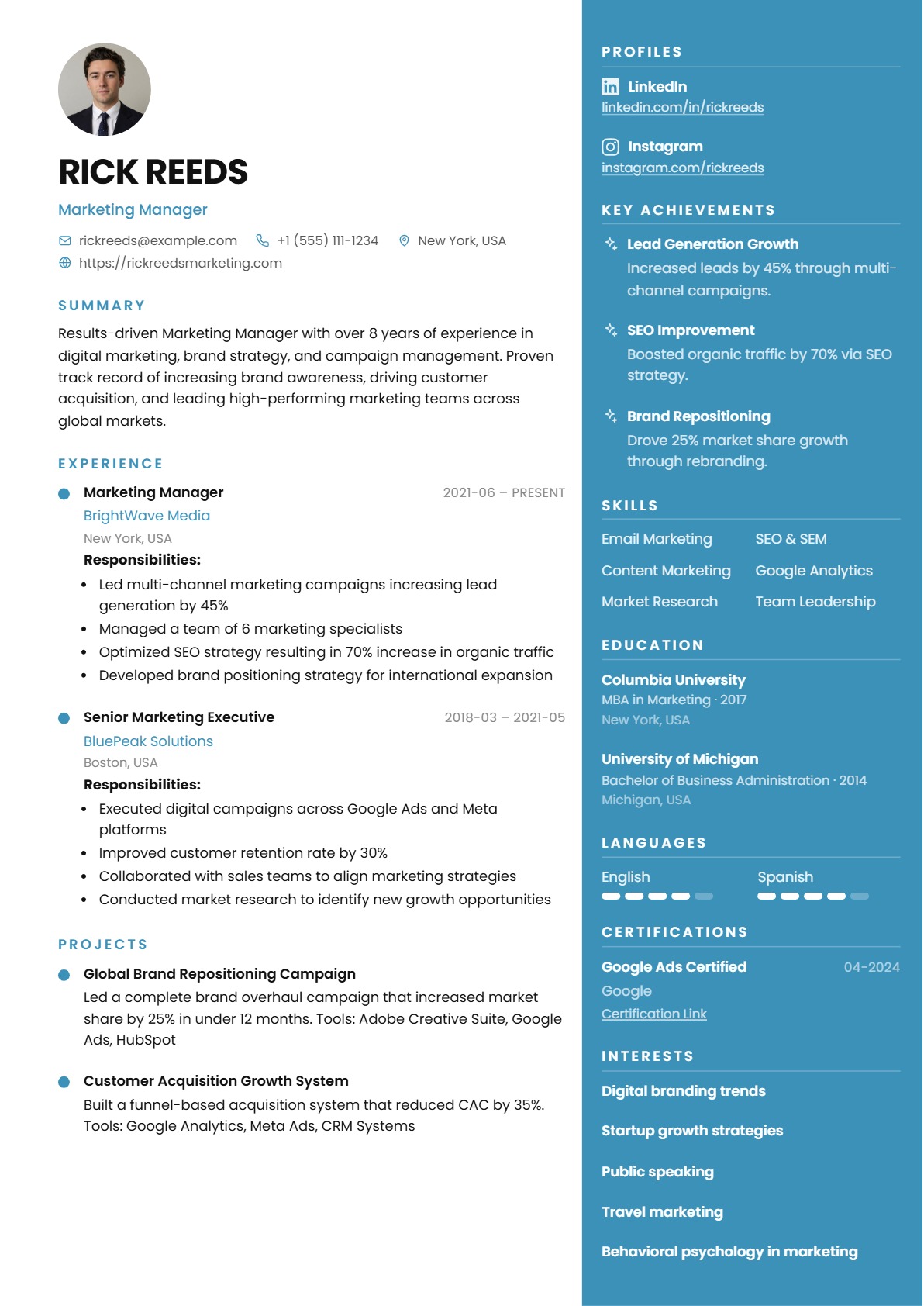 Sidebar Two Column ATS-friendly resume template for professional job applications